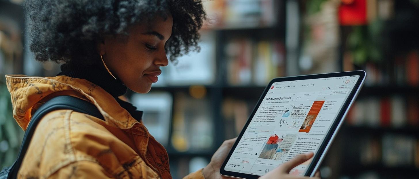 A woman reads a newsletter on an iPad